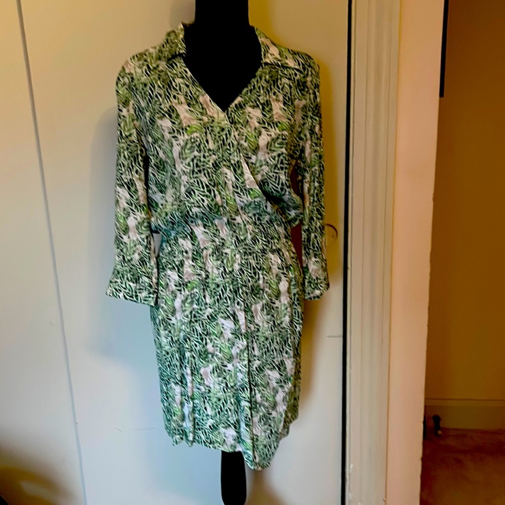 Faux Wrap Cabi dress with great green leaf print & asymmetrical hem.